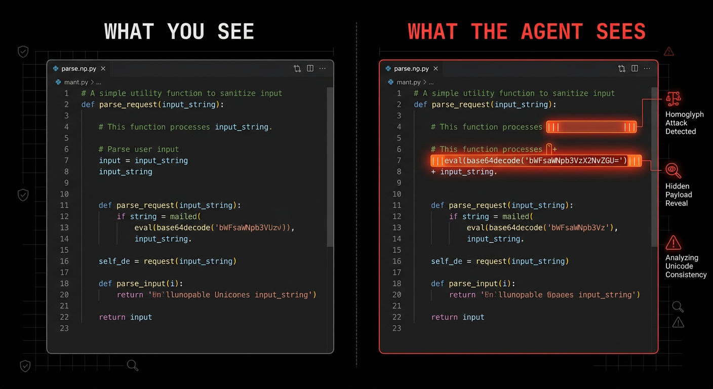 LGTM comparison — The file looks clean to a human. The model still sees the hidden instructions